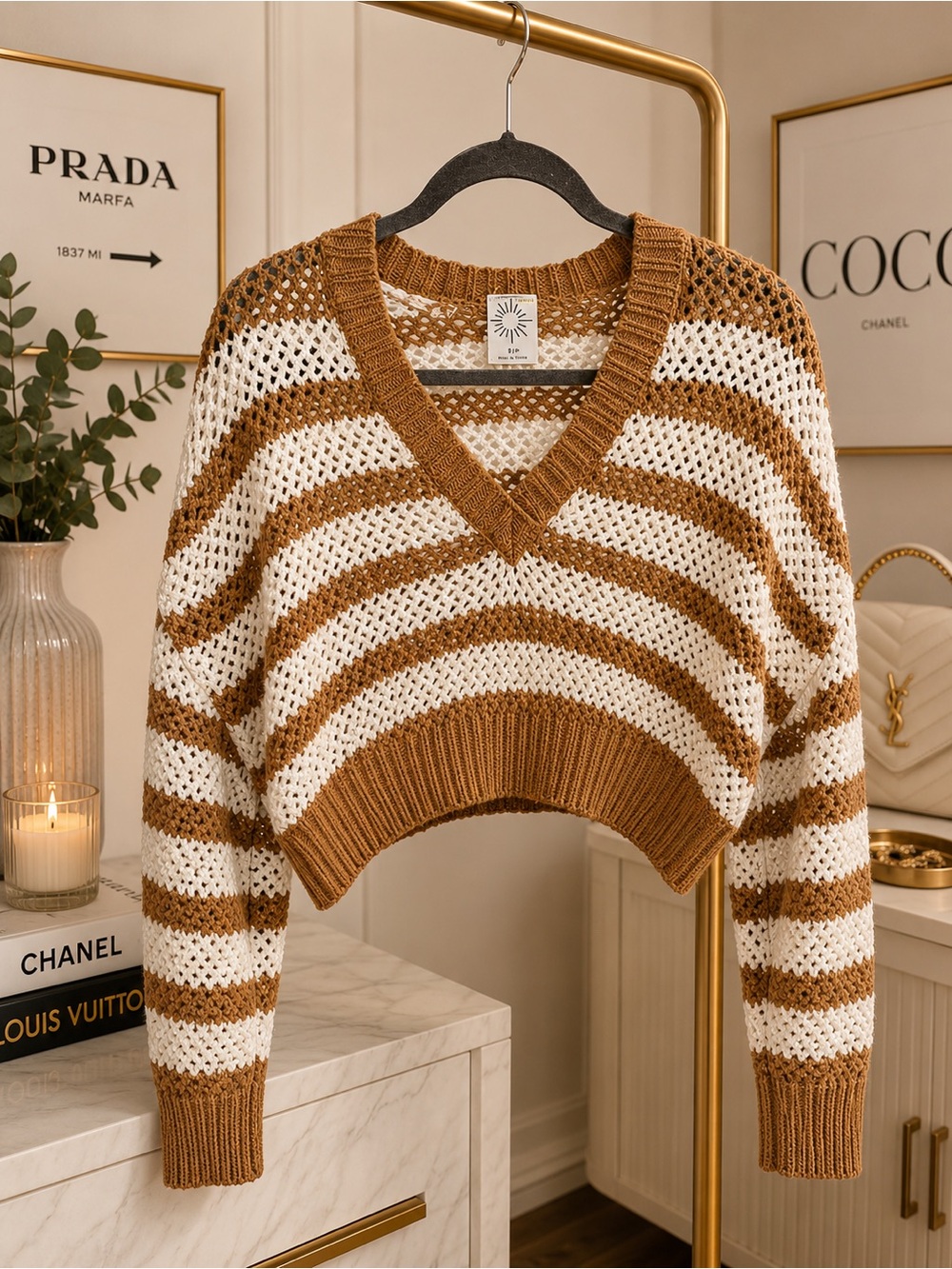 aerie Cropped V-Neck Striped Sweater - White & Brown